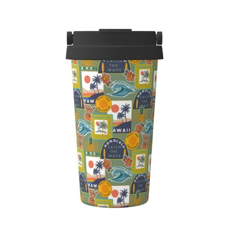

Xecao Hawaiian Style Pattern Insulated Coffee Mug with Handle & Flip Thermos Mug Water Bottle Coffee Tumbler Cup