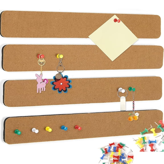 Cork Board Strips,Tutuviw 4 Pcs Felt Bulletin Board,Self Adhesive Cork Strips,Bulletin Bar Strip with 20 Push Pins,Cork Boards for Walls Paste Notes Photo Schedule Home Office Decorations-Brown,15x2in