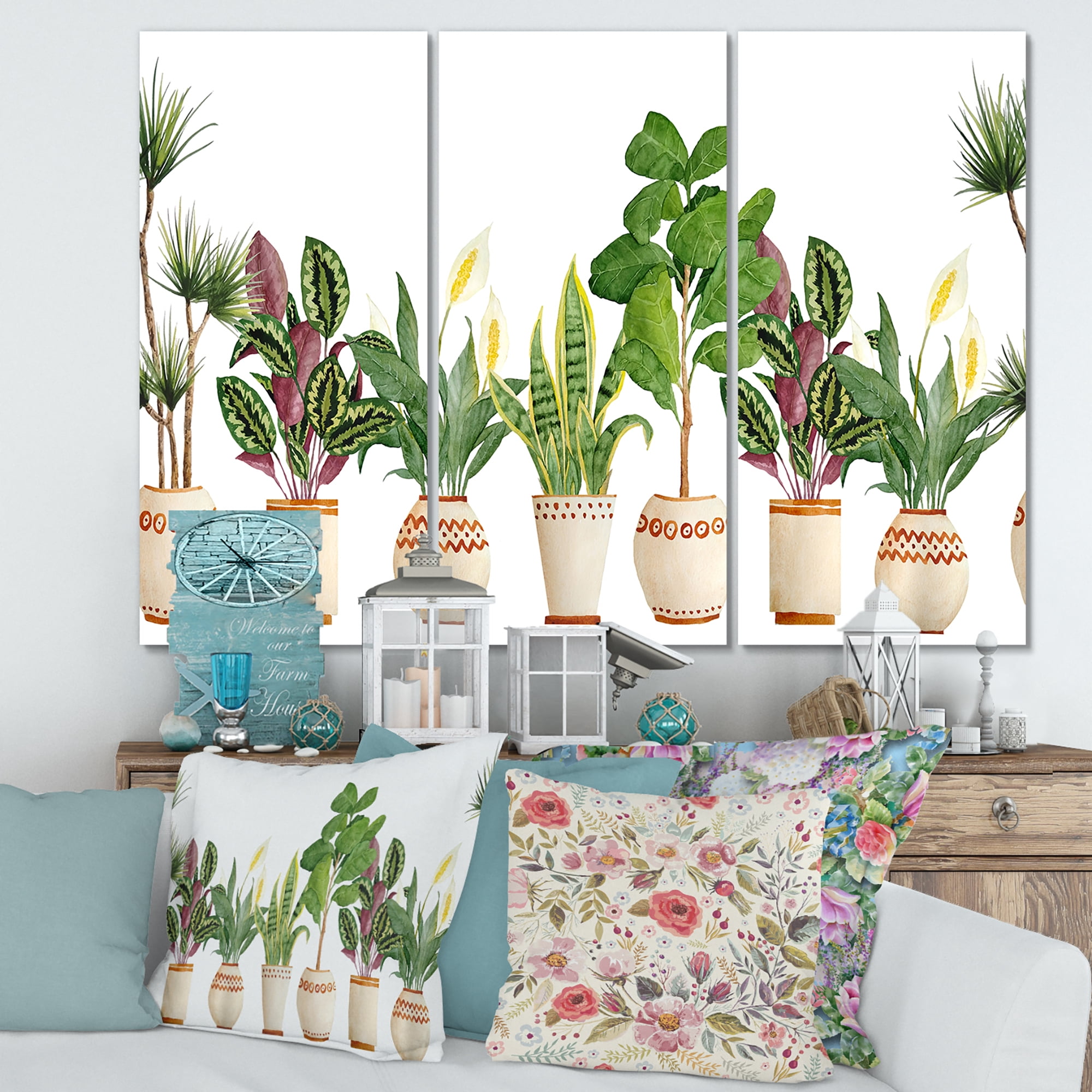 Designart ' Trio of Houseplants Sanseviera Snake Plants On White ' Farmhouse Canvas Wall Art Print