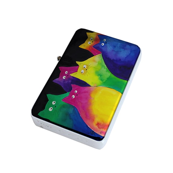 KuzmarK Silver Windproof Flip Top Lighter - Very Colorful Two-Toned Chunky Kitties Art by Denise Everyâ¢