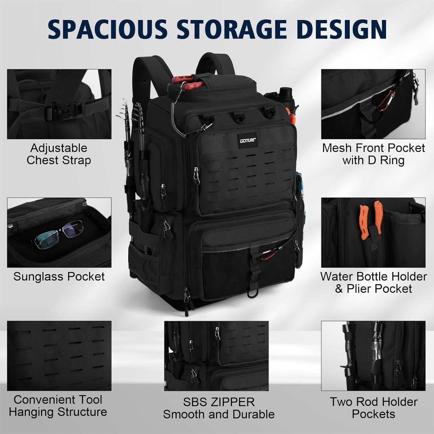 Fishing Backpack 55L Large Tackle Bag with Rod Holder EVA Bottom Rain Cover 600D Waterproof Storage for Camping Hiking