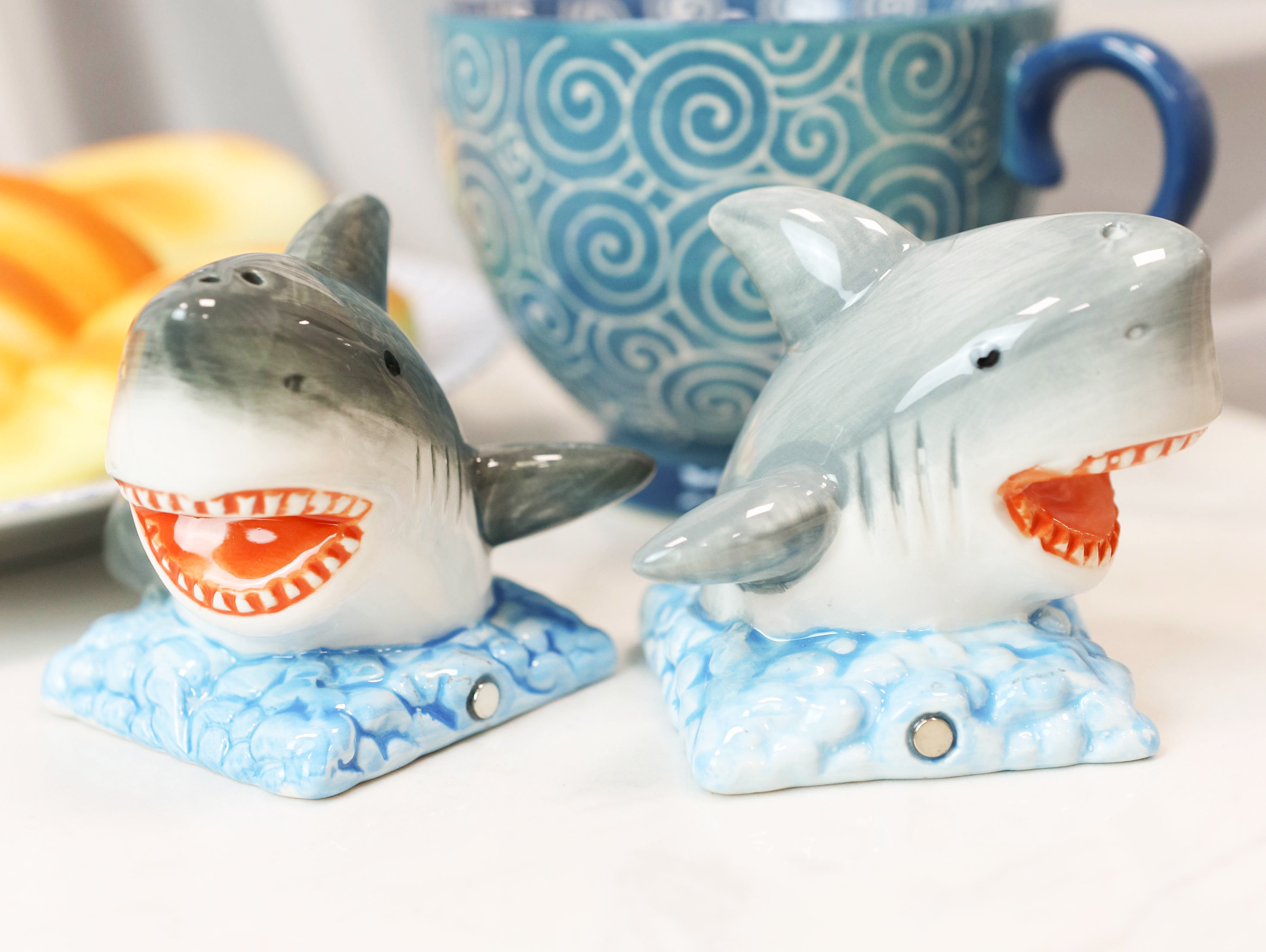 Ceramic Nautical Ocean Great White Sharks Salt And Pepper Shakers