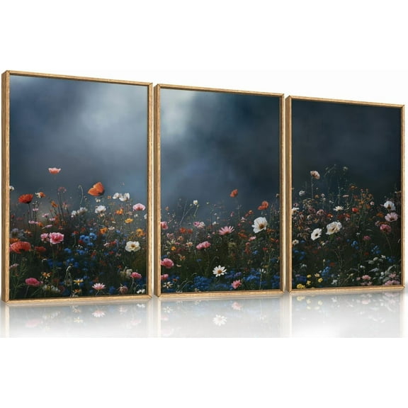 FCCUYE Dark Moody Wildflowers Framed Canvas Wall Art Set,Minimalist Wildflower Wall Decor,Vintage Black Flower Botanical Painting, Aesthetic Floral Artwork for Living Room,Bedroom,Office-16''x24''x3