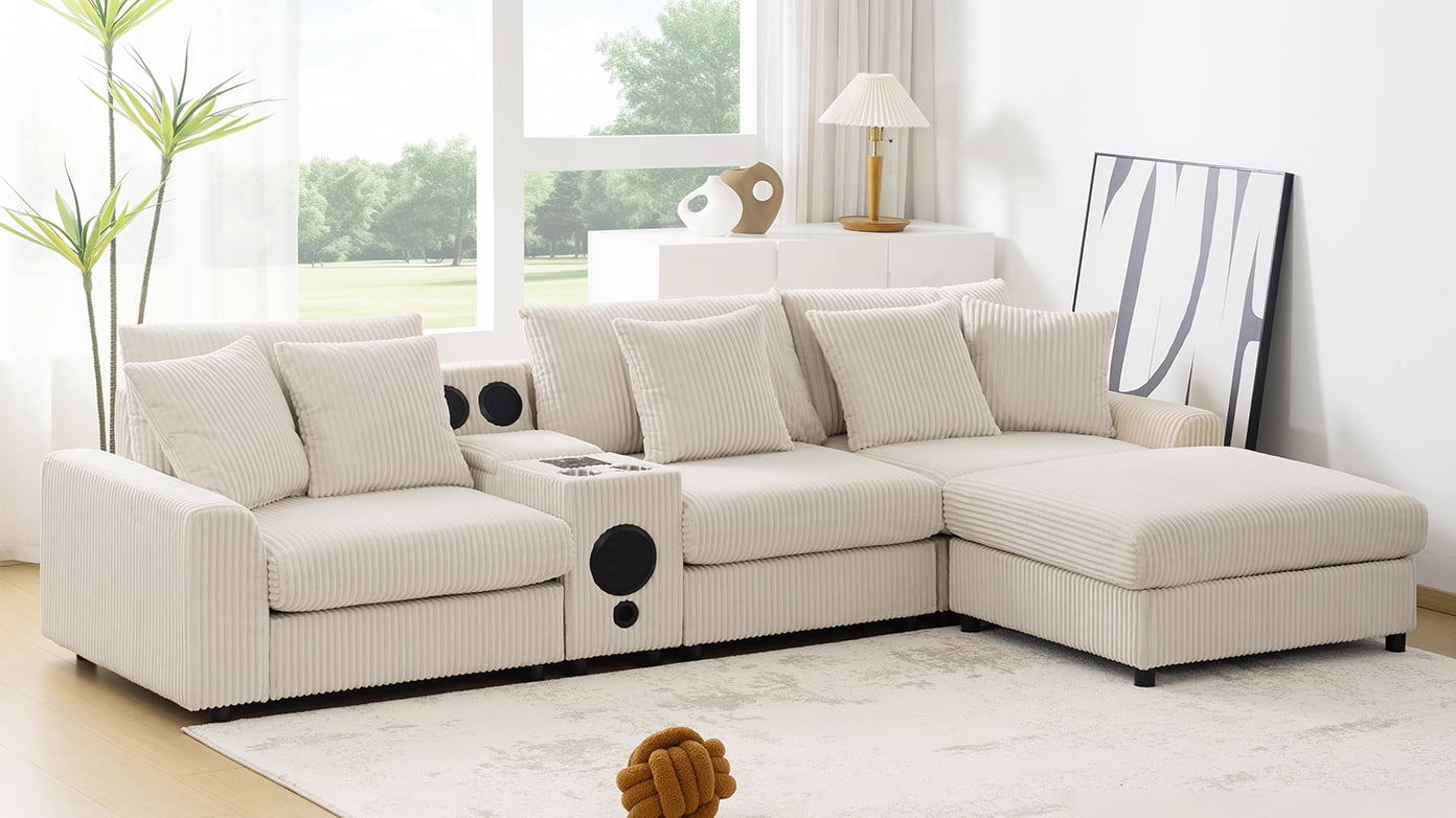 MAYEERTY 114x64" Corduroy Sectional Sofa - Bluetooth Speakers, L-Shaped Couch with Console/USB/Cup Holders/Storage/Ottoman, 2 Colors
