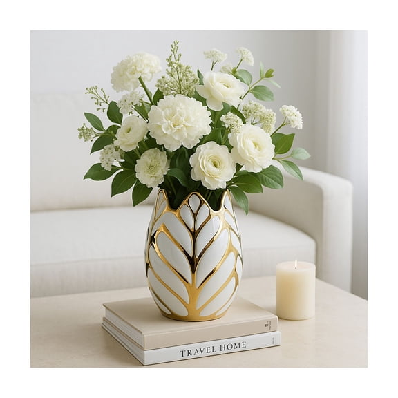 Modern Ceramic Vase for Home Decor - Sculpted Accent Decor for Living Room Decor, Bedroom Accent, Tabletop, or Office Shelf Decor - Decorative Contemporary Flower Vase - 8" White & Gold