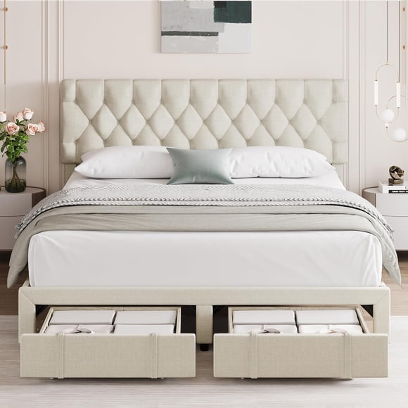 Ourlova Queen Size Upholstered Platform Bed Frame with Storage Drawers, Solid Wooden Slats Mattress Foundation, No Box Spring Needed