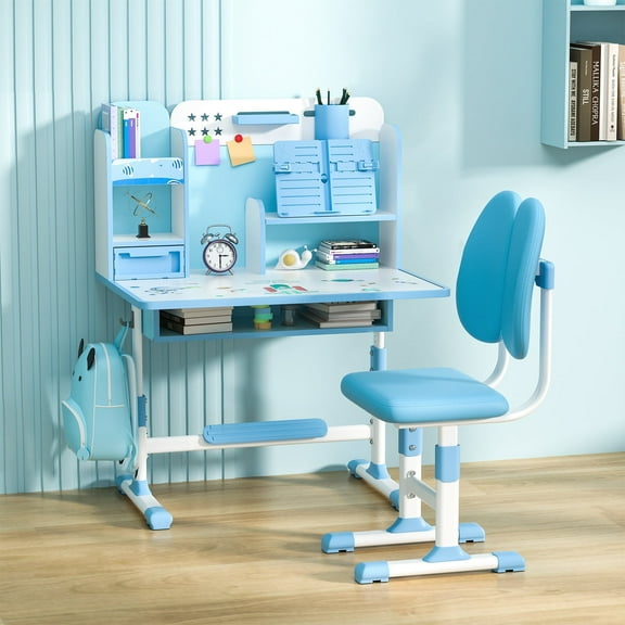Cixusio Kids Desk and Chair Set,Height Adjustable School Desk Chair Set with Book Stand, Foot Pedal, Partition Design, Storage Drawer for Study,Suitable Gift for Girls Boys(Blue)
