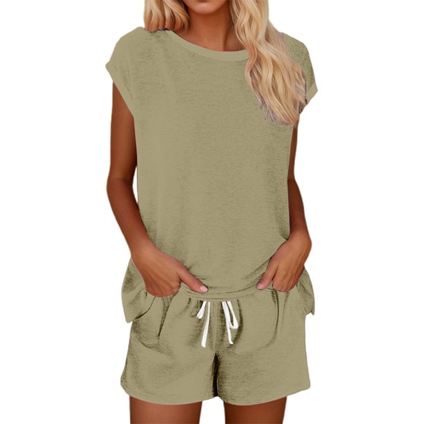 Conjunto informal de pantalones cortos para mujer - Cordón/cuello redondo - Conjunto cómodo para primavera/verano