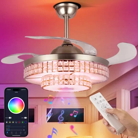 AFANQI 42" Crystal Chandelier Ceiling Fan Light 7 Colors 6 Speeds w/Bluetooth Speak