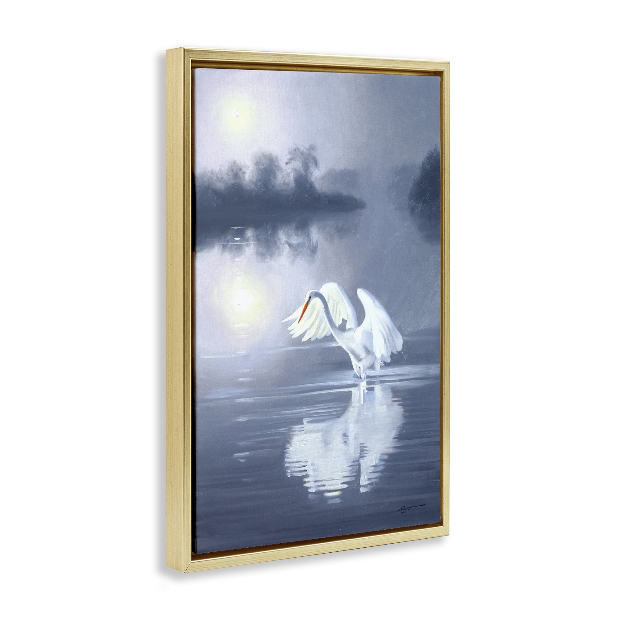 Stupell Industries Egret on Stormy Waters Animals & Insects Painting Gold Floater Framed Canvas Art Print Wall Art, 17 x 25