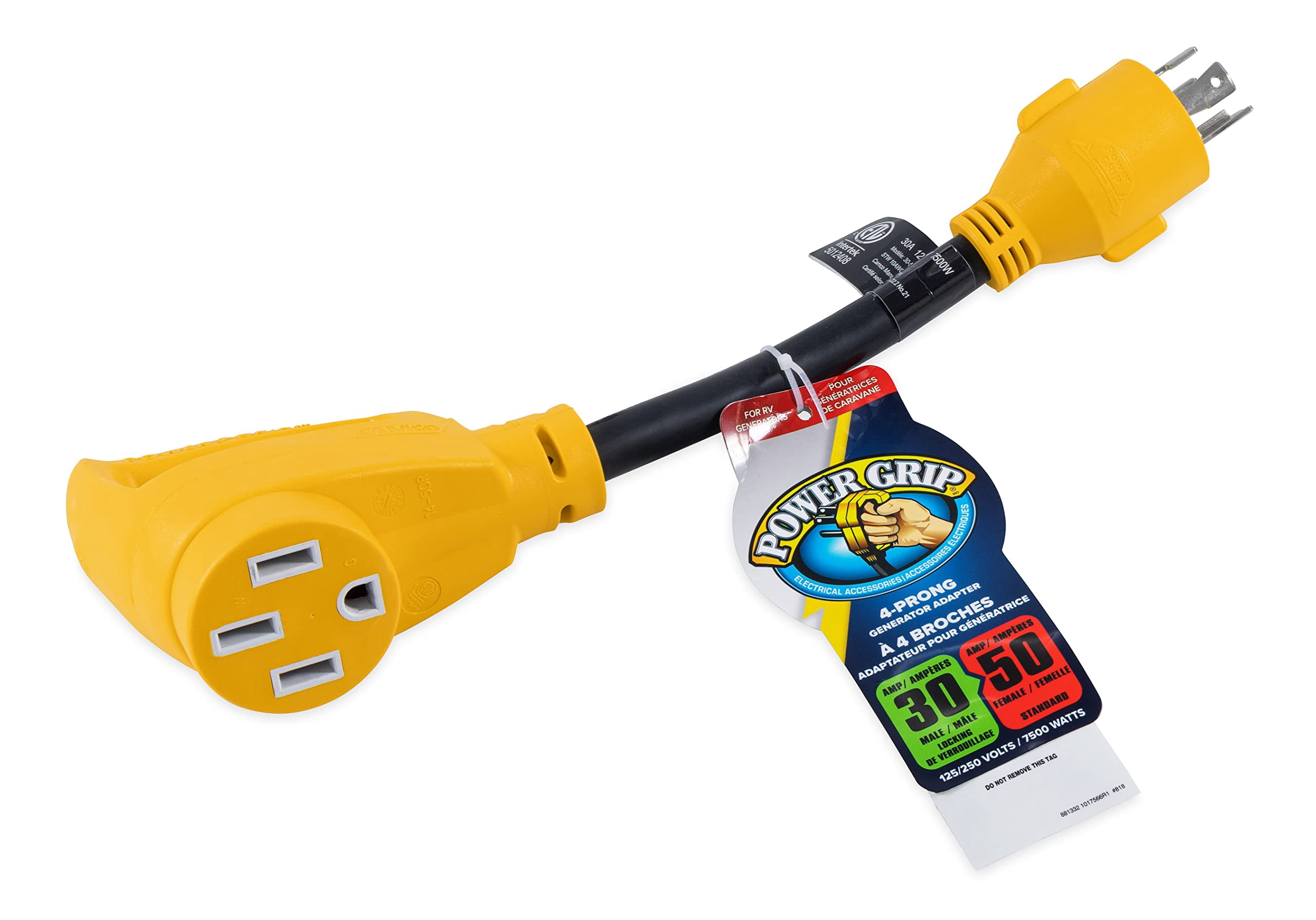 Camco PowerGrip Camper/RV Generator Adapter | Rated for 7500 Watts & 125/250 Volts, 12-Inches (55422)
