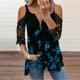 thumbnail image 2 of Mujeres Verano Cremallera Cuello en V Encaje Costura Manga corta Estampado sin tirantes Camiseta Tops Blusas Pompotops hkajfhjk464454, 2 of 5