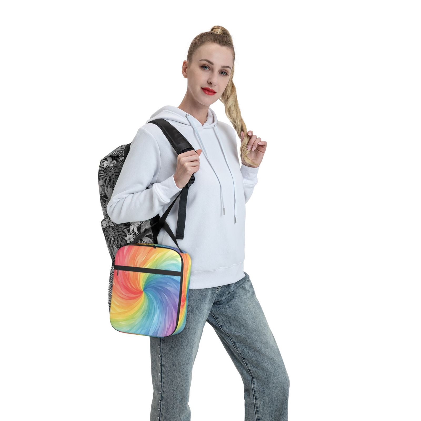 Lunch Bag For Women Men Insulated Portable Lunch Box Bento Box Office Picnic Travel Cooler Bag Darkmagenta Tie-Dye Background Rainbow Colors_2