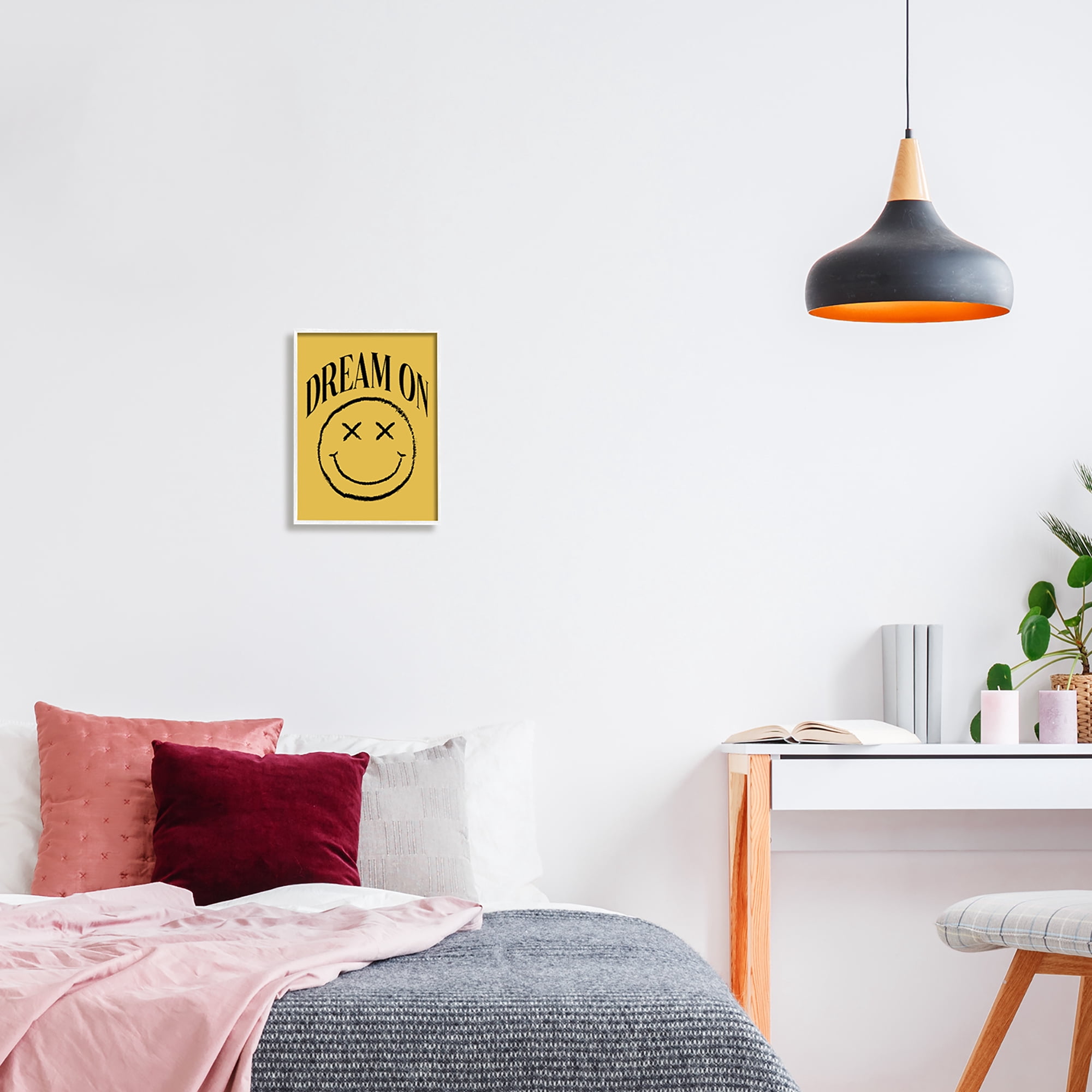 Stupell Industries Dream On Yellow Smiley Abstract Painting White Framed Art Print Wall Art, 11 x 14