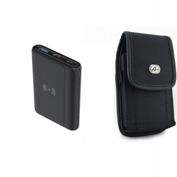 Case Belt Clip & 10000mAh Power Bank for iPhone 15 Pro Max - Rugged Holster Canvas Cover and Wireless Charging Backup Battery Portable Charger Slim J7W for iPhone 15 Pro Max (6.7")