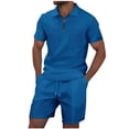 thumbnail image 2 of YHAJDS Men's Shirt and Shorts Set Solid Relaxed Pocket Drawstring Shorts Zip Polo Short Sleeve, 2 of 5