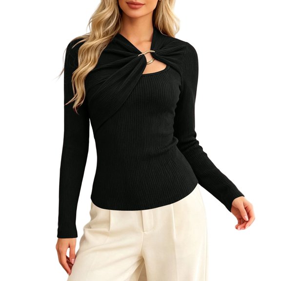 Tfken Tshirts For Women Long Sleeve Fall Slim Fit Tees Tops Casual T-Shirts Ladies Trendy Clothes Outwear Size L Black