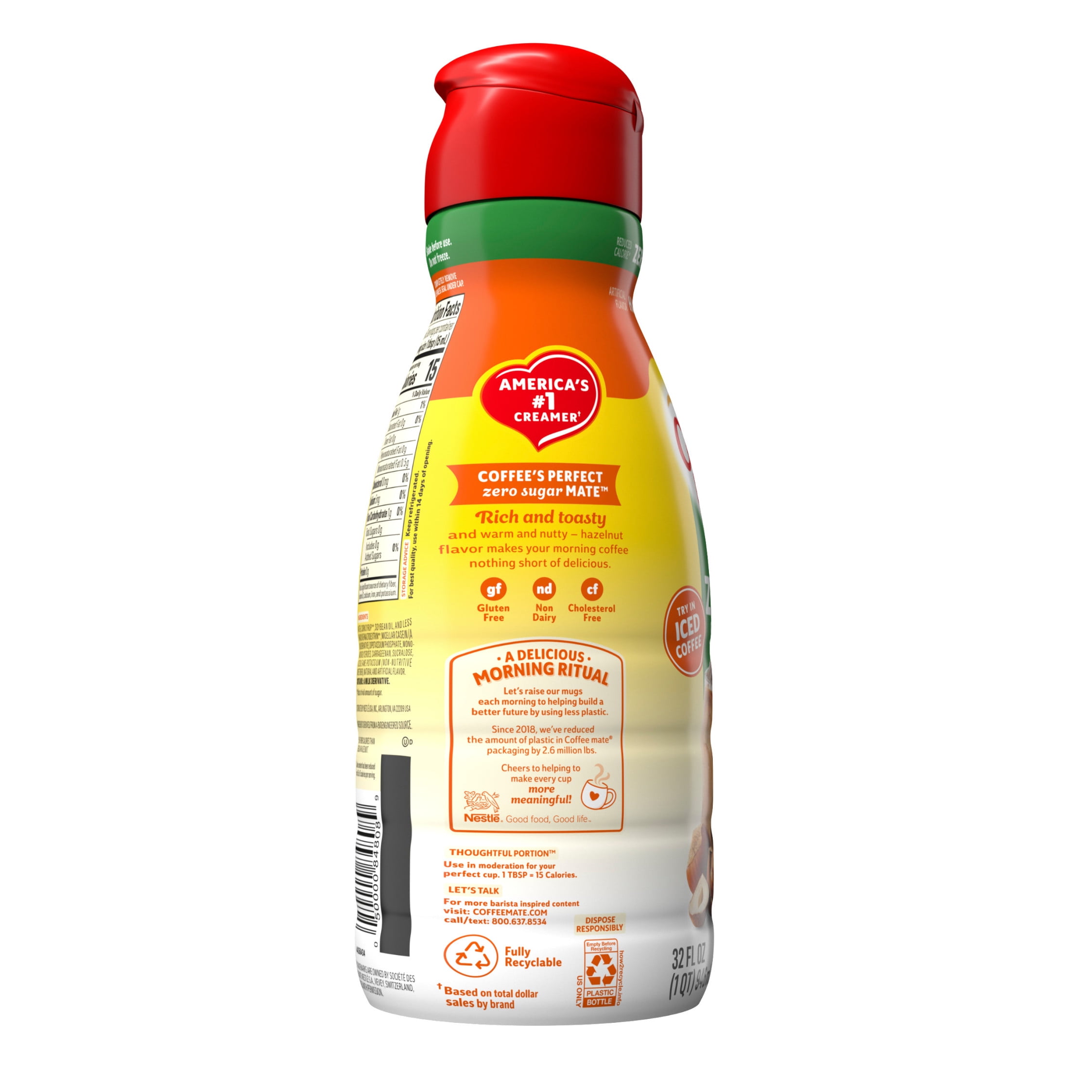 Coffee mate Hazelnut Zero Sugar Gluten Free Liquid Non-Dairy Coffee Creamer, 32 fl oz
