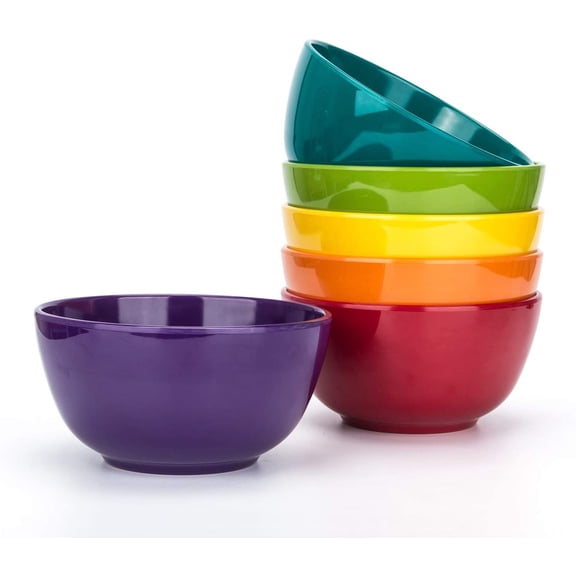 Set of 6 Assorted Colors 6 Inch 28oz Melamine Cereal Soup Salad Bowls, Shatter-Proof Chip-Resistant BPA Free Dishwasher Safe