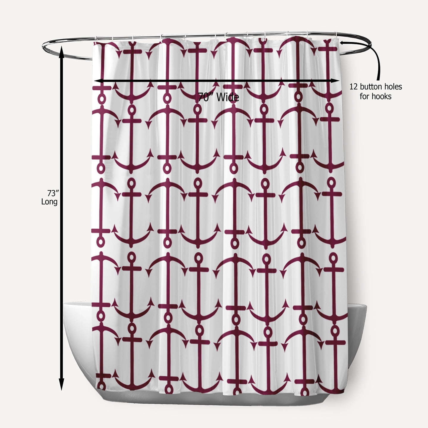 Simply Daisy 70" W x 73" L Anchor Pattern Polyester Shower Curtain, Maroon Red [1 Ct]