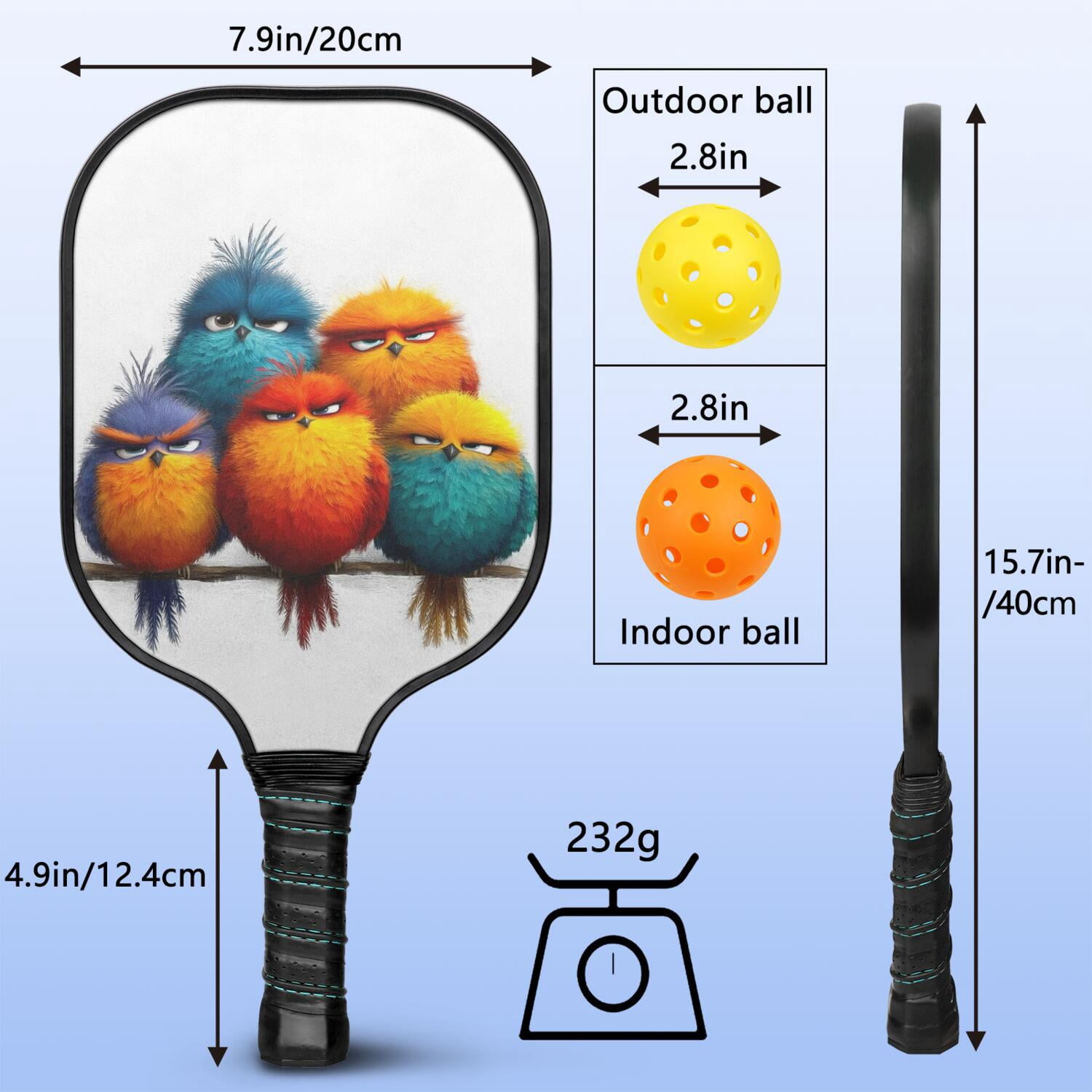 Pickleball Paddles Set Of 2, Fiberglass Surface, Unhappy Birds Print, 4 Balls & Bag