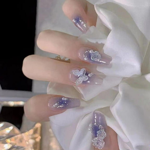JZROCKER Coffin Press on Nails Rhinestones French Fake Nails Acrylic False Nails,Ballerinas Artificial Nails Glues on Nails Women