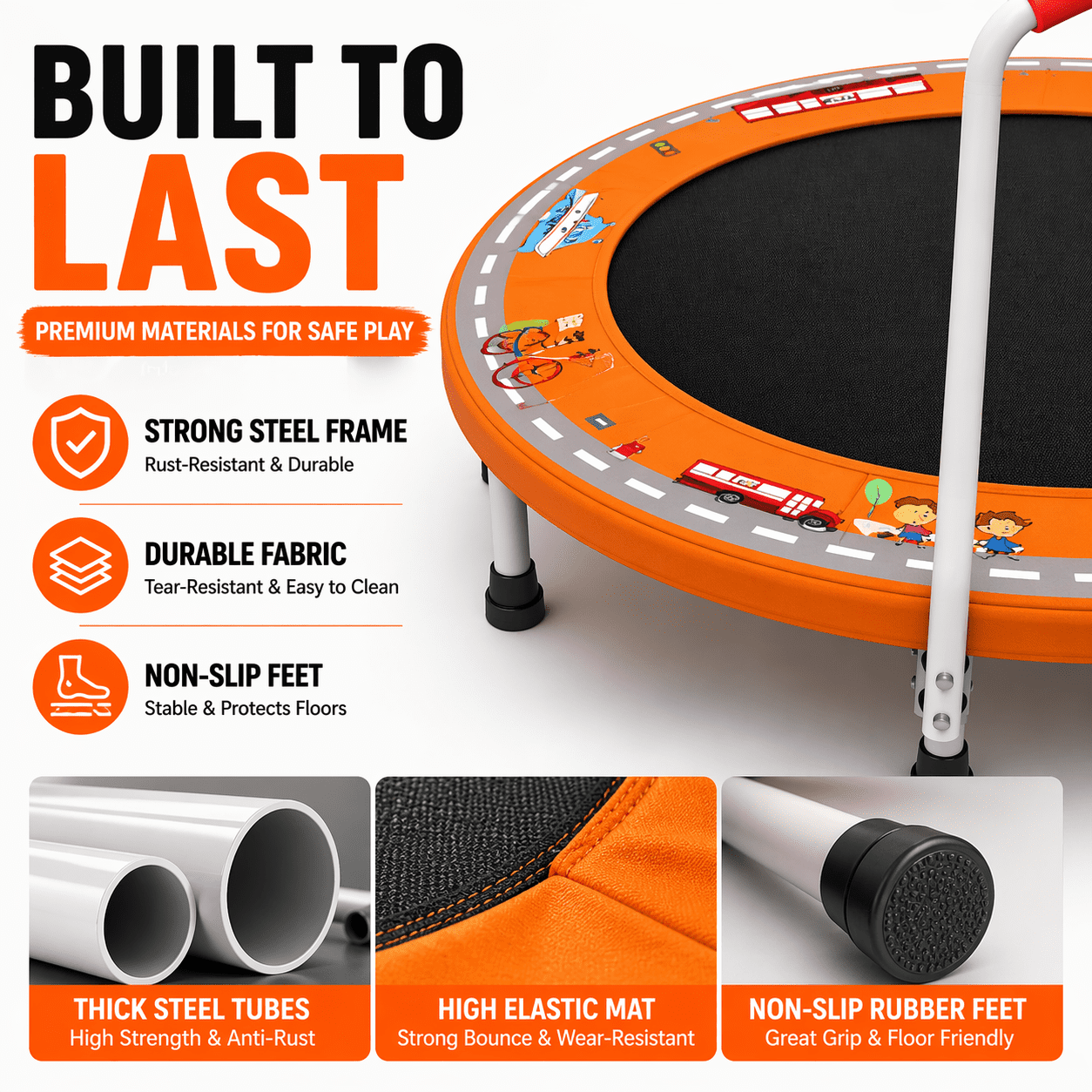 Witaxima 36" Mini Trampoline with Handle for Kids Ages 1-6, 150 lbs Max Capacity, No-Gap Safety Design with Upgraded Anti-Rollover Handle, Indoor Outdoor Bungee Toddler Trampoline, Fun Print, Orange