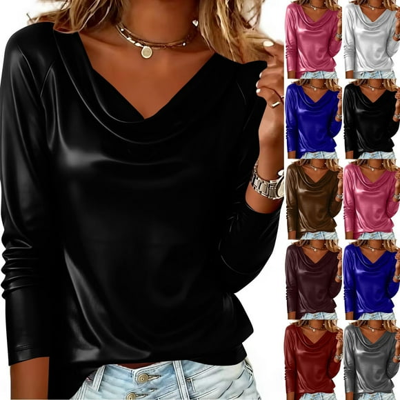 Wiyuqeen Cowl Neck Tops for Women Faux Leather Long Sleeve Shirts Solid Loose Fit Blouses Casual Party Club Wear T Shirts for Laies