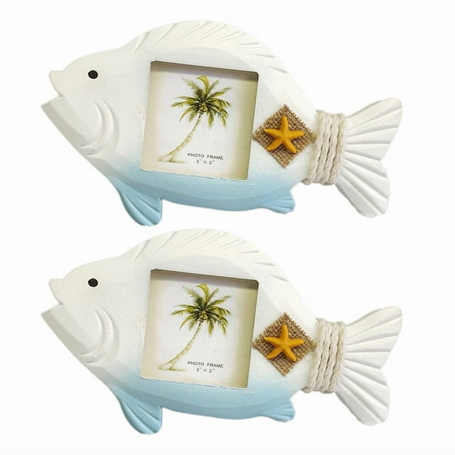 Bamboohart 3-Inch Photo Frame Set of 2- Fish-Shaped Photo Frame for Summer Vacation Memory Handmade Nautical Picture Frame for Tabletop Light Blue