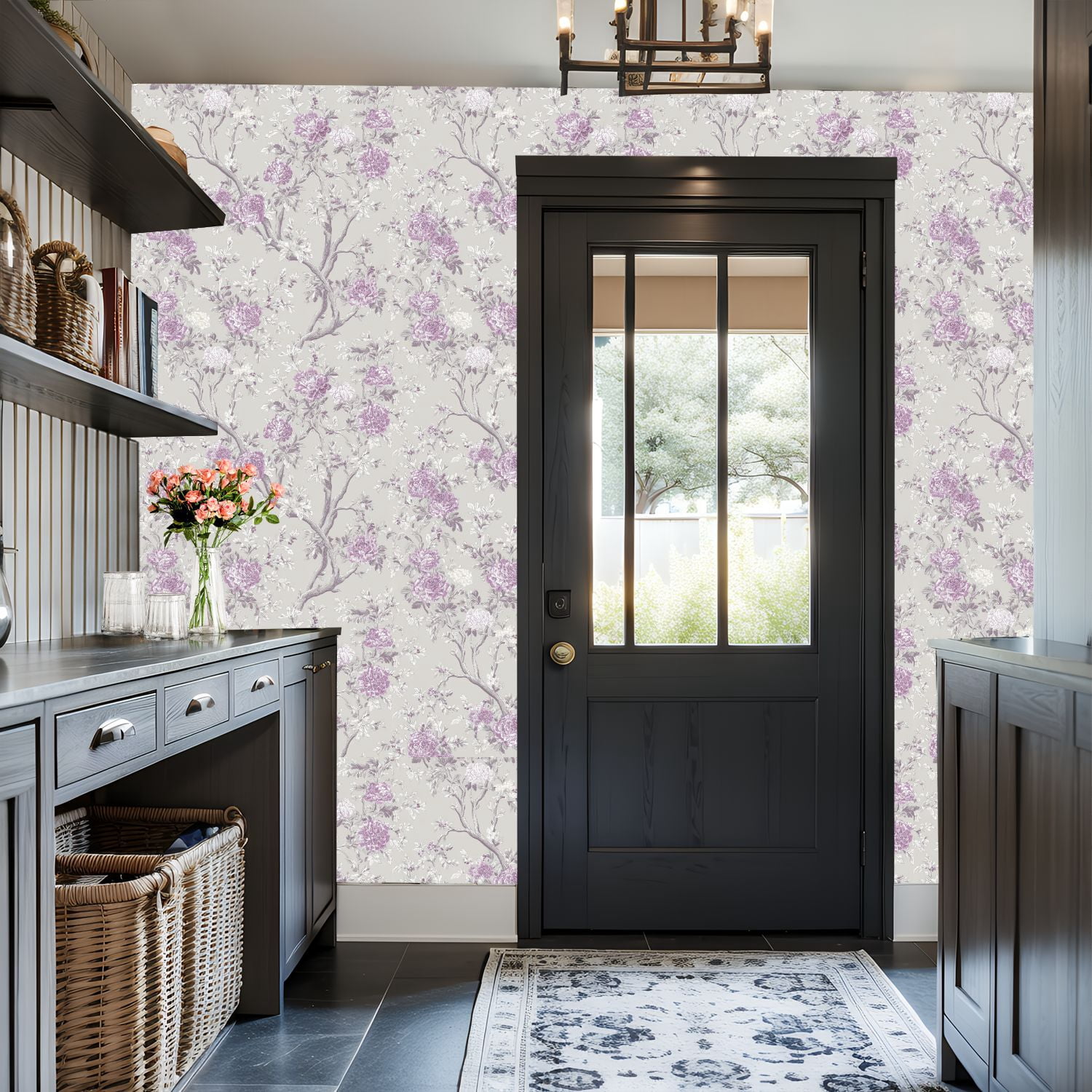 Peel and Stick Wallpaper Vintage Floral Lavender White Peonies Light Gray Wall Mural 17.7in x 9.8ft Self Adhesive Removable Wall Paper Renter Friendly Wallpaper for Girls Women Bedroom Livingroom