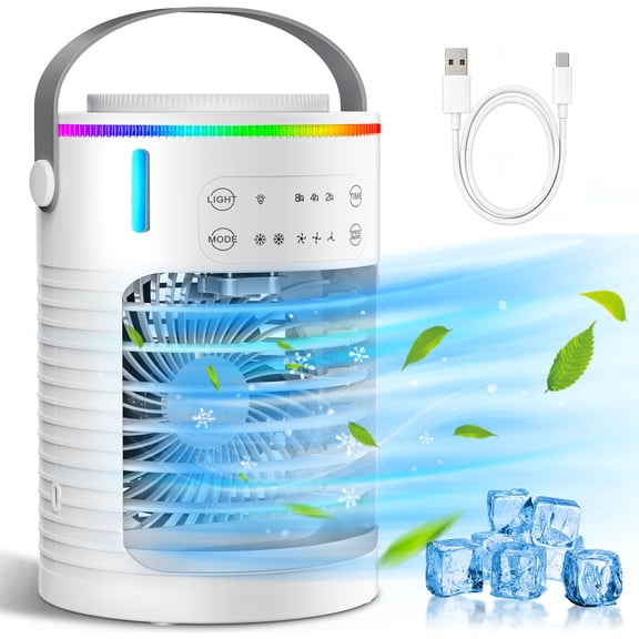 Portable Air Conditioner Evaporative Air Cooler with 3 Speed and 3 Timers, Personal Mini Air Cooler Fan with Humidifier, 600ml Water Tank and 7-Color LED Light for Home Office Desk Bedroom