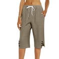 thumbnail image 6 of Cotton Linen Capris for Women Casual Summer Straight Leg Loose Trousers Drawstring Elastic Waist Pull On Pants with Pockets Light Brown S, 6 of 7