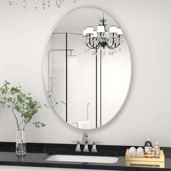 PAIHOME 22" x 30" Silver Iron Frame Oval Mirror for Bathroom Wall, Anti-Rust, Horizontal & Vertical