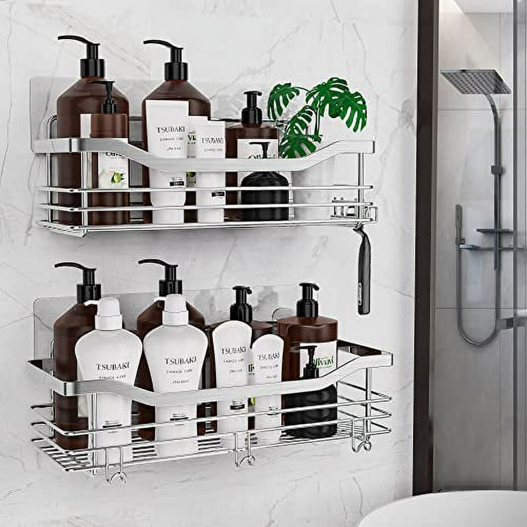 Orimade Adhesive Shower Caddy Basket Shelf with 5 Hooks Organizer Storage Rack Rustproof Wall Mounted Stainless Steel No Drilling for Bathroom Toilet