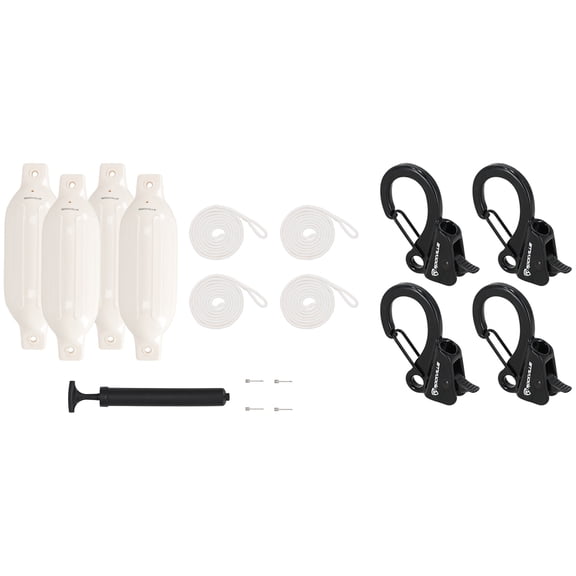 Rockville FEN445-WHITE Bundle: 4 Boat Fenders 4.5 x 16 Inch with Lines, Pump and Needles, RQA-4 Quick Release Fender Clips, Marine Dock Kit, 17-items