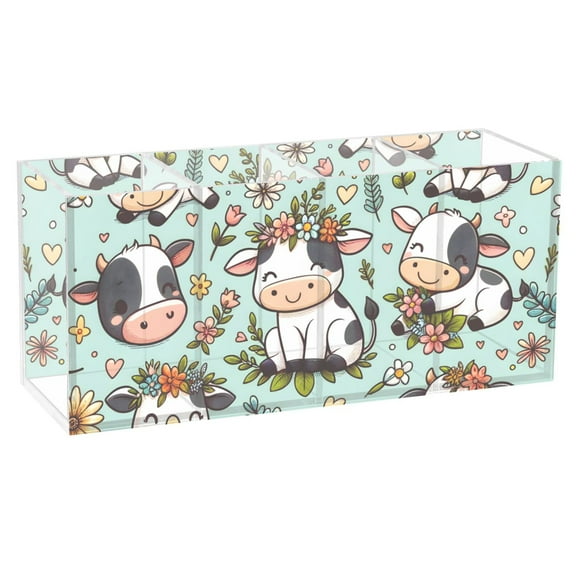 Cute Cow with Flower Acrylic Pen Holder Cup 4 Compartments Clear Pencil Organizer Makeup Brush Holder Storage for Office Desktop Dorm