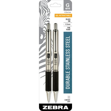 Zebra G-402 Stainless Steel Retractable Gel Pen, Fine Point, 0.5mm, Black Ink, 2-Count