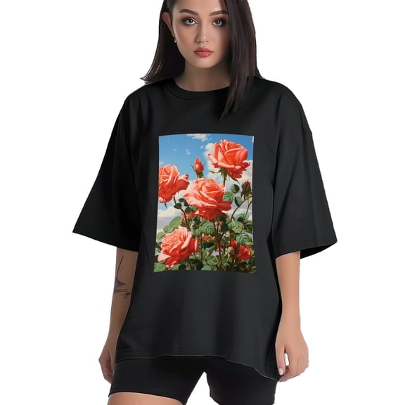 Plus Size Shirt for Women Black Tops for Women Short Sleeves Shirt for Women Rose And Sky T Shirt Crewneck Shirt for Women XS