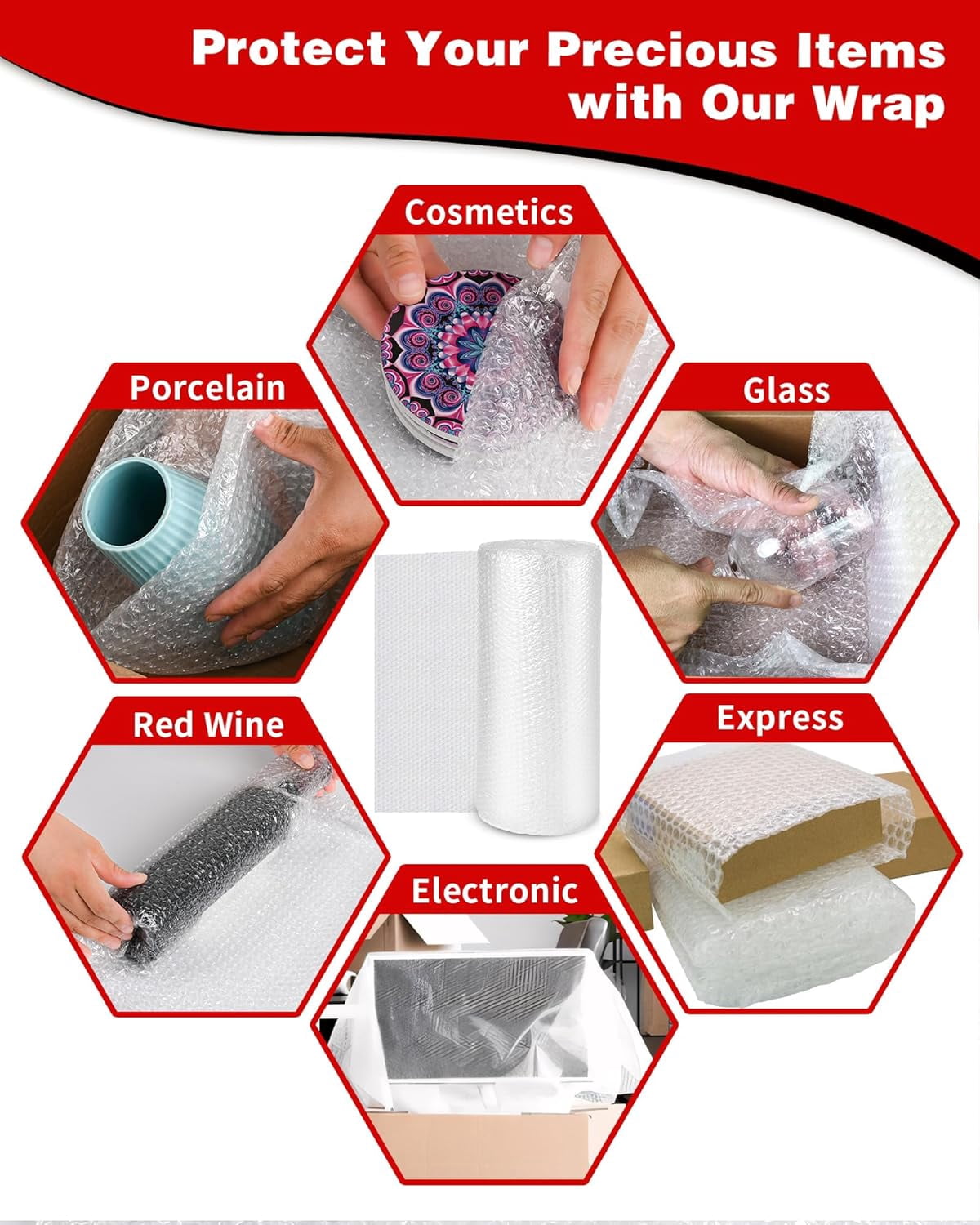 2-Pack Bubble Cushioning Wrap Rolls, 3/16" x 17" x 72' ft Total, Perforated 12" 20 Fragile Stickers for Shipping, Packaging, Mailing