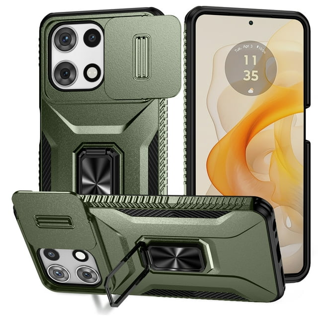 TYJKeJi Case with Stander Kickstand Drop Resistant Shockproof Case for Moto G 2025. A hybrid protective cellphone case featuring dual layers of shockproof TPU and solid PC material in a matte green finish. Includes a 360-degree rotating ring holder that doubles as a kickstand for hands-free viewing. Designed with four-corner edge airbag anti-fall protection and a slim, lightweight profile for portability. Ideal for Moto G 2025 users seeking durable and stylish protection.