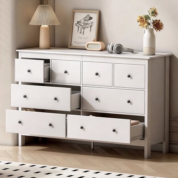 Pipleo White Dresser, 8 Drawer Dresser, 50" Modern Wooden Dressers Chests of Drawer, 8 Drawers Wide Dresser for Bedroom