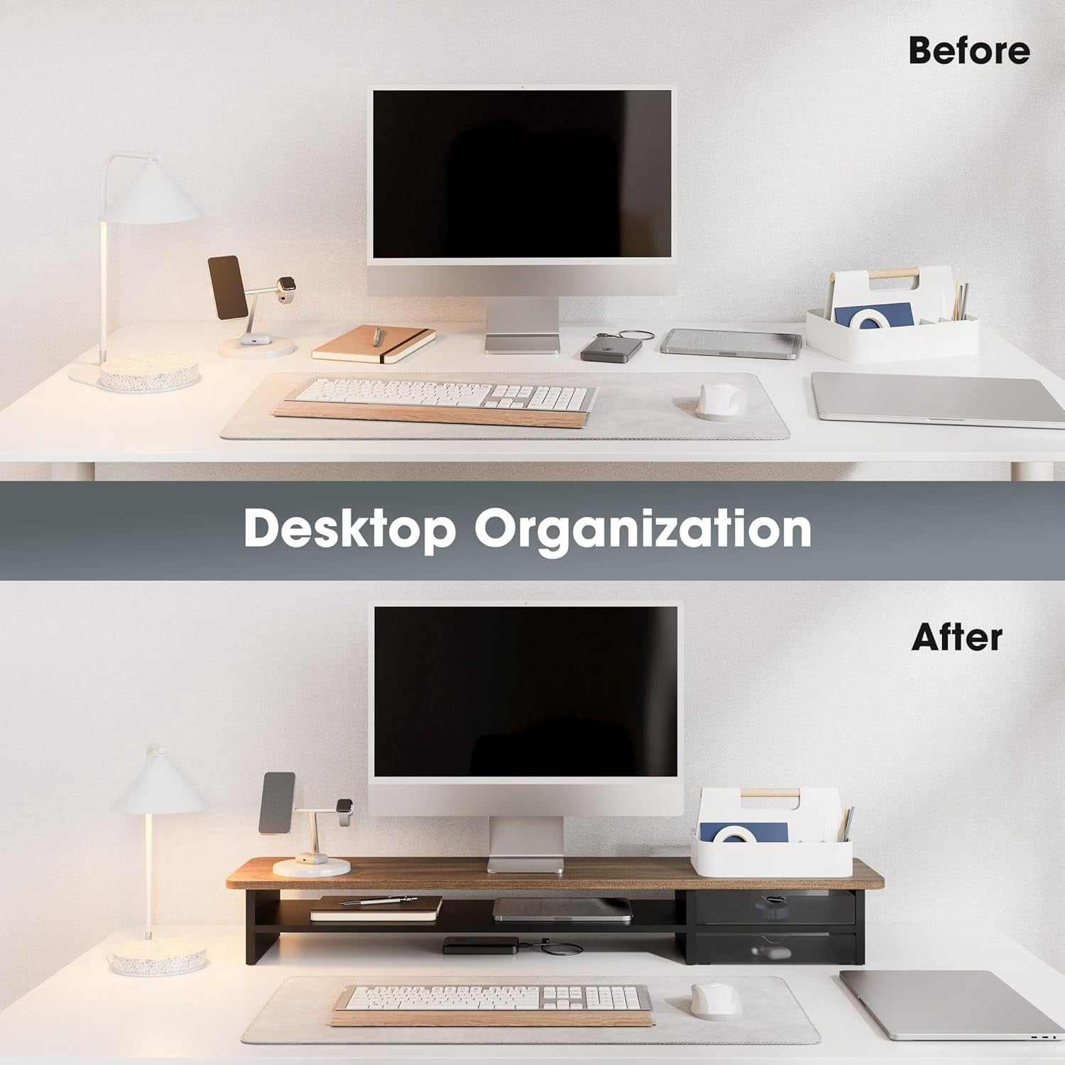 Monitor Stand, Dual Monitor Riser, 42.5inch Large Desk Computer Monitor Stand Riser with Drawer, 2 Tier Wood & Acrylic Desktop Organizer for Computer, Laptop, Printer, TV Screen Riser