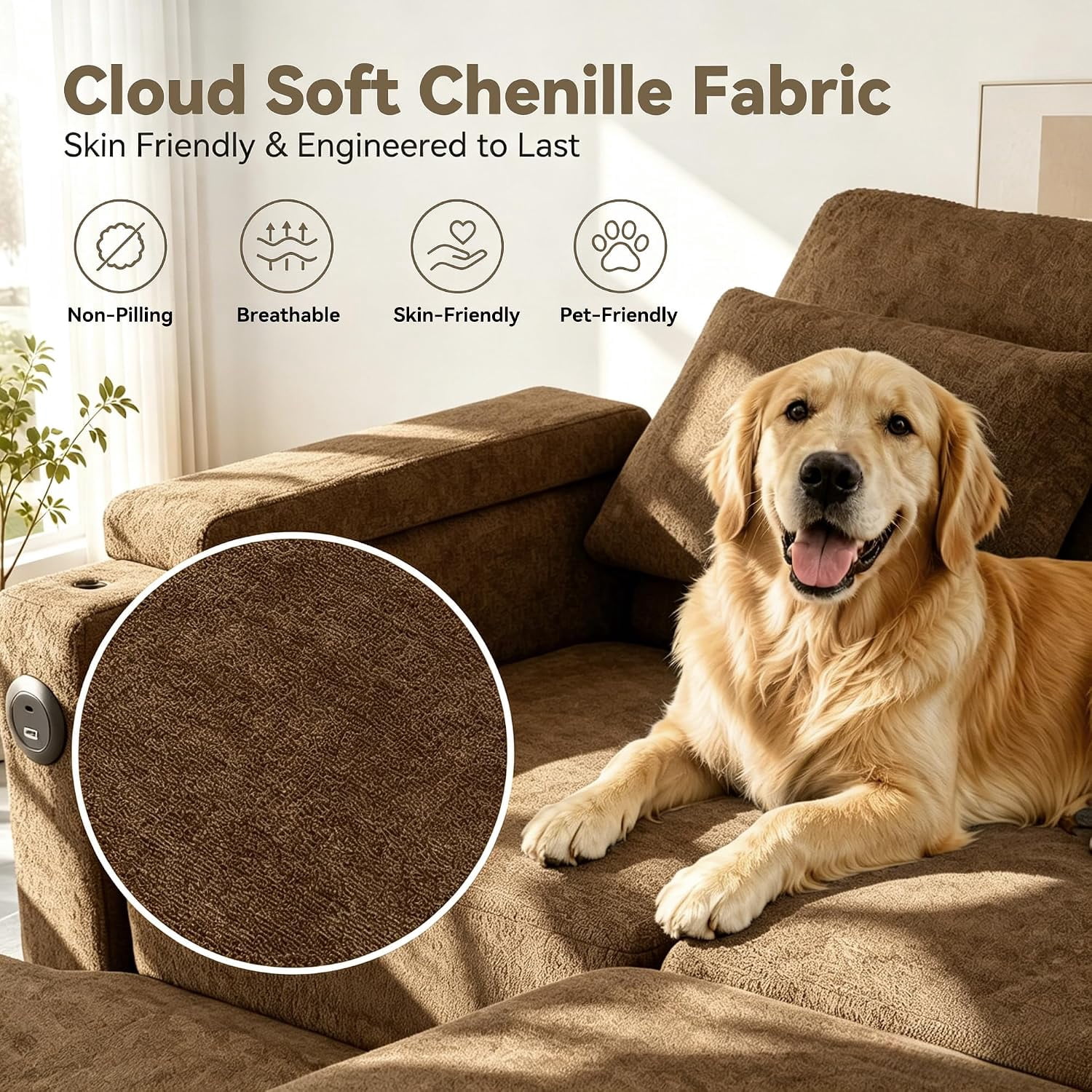 TiramisuBest 81" 3-in-1 Convertible Sleeper Sofa Bed with Power Recliner,Chenille Sofa Couch with Tray Table & USB for Living Room,Khaki