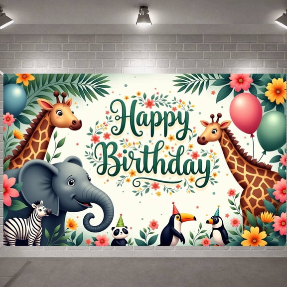 Jungle Animal Theme Banner Colorful Floral Safari Party Backdrop Cute Cartoon Animals Balloon Decorations Kids Birthday Background for Kids Birthday Party Jungle Themed Celebration Indoor Decoration