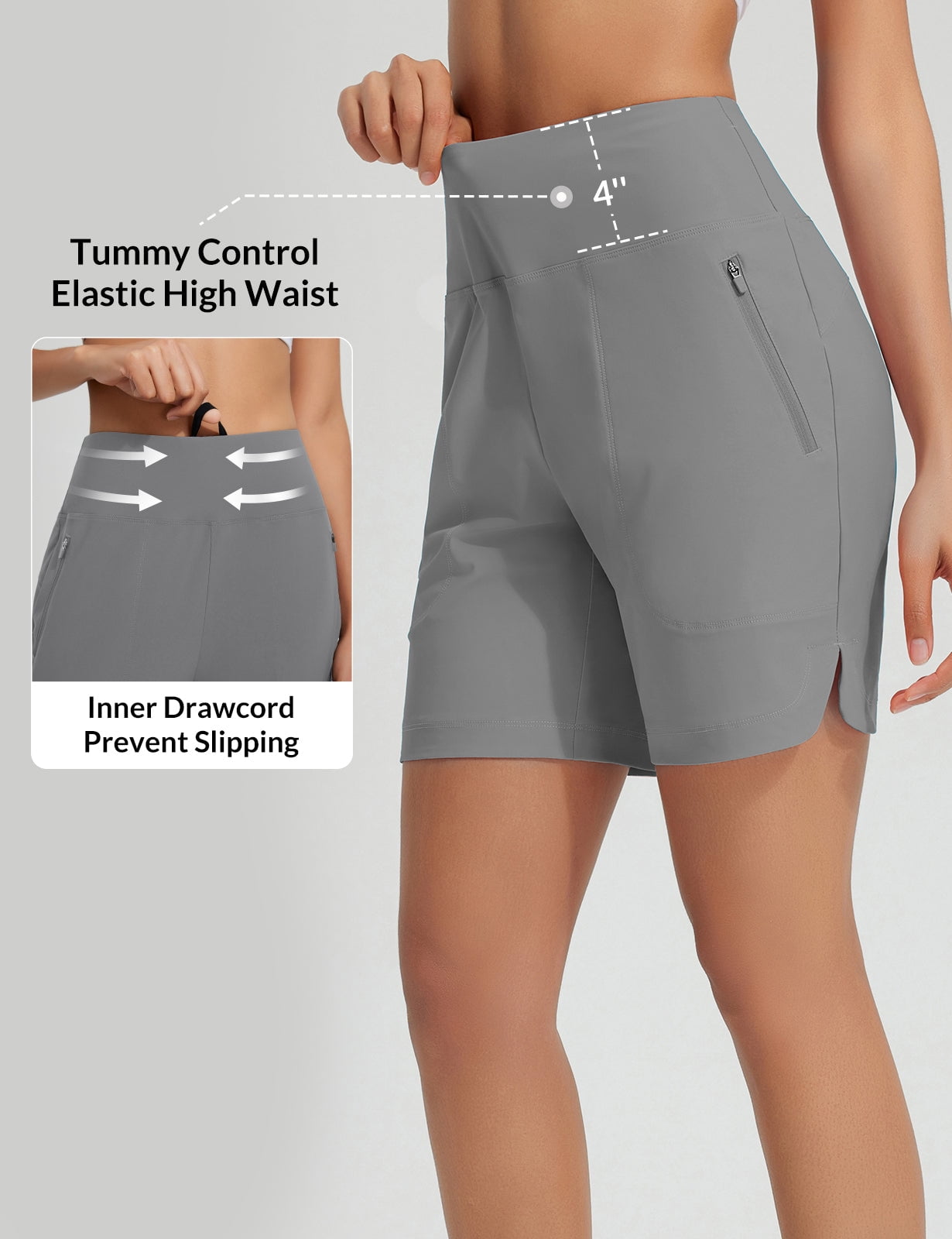 baleaf Women's 7'' Swim Board Shorts with Zipper Pockets High Waisted Tummy Control Long Beach Swimming Shorts UPF 50+ Quick Dry Modest Swimsuits Bottoms Dark Gary L