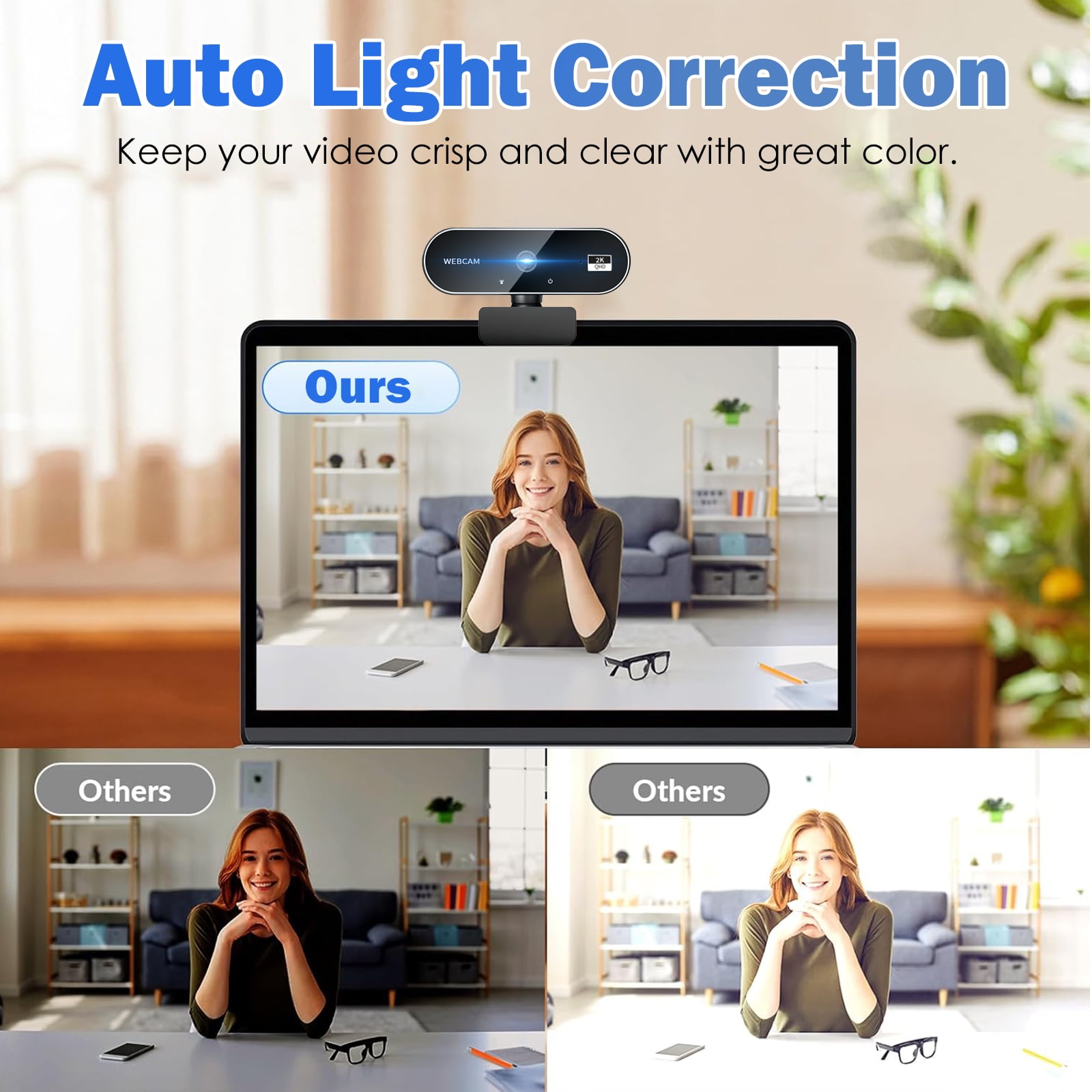 RONY 2K Webcam with 2 Microphones for Laptop, Autofocus Webcam with Noise-cancelling, Conference Streaming PC USB Webcam, Black