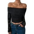 thumbnail image 1 of Camiseta de Larga con Hombros Descubiertos y Ribete de Encaje para Mujer, Estilo Y2K, con Doble Forro y Tendencia Negro M, 1 of 6