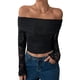 thumbnail image 1 of Camiseta de Larga con Hombros Descubiertos y Ribete de Encaje para Mujer, Estilo Y2K, con Doble Forro y Tendencia Negro L, 1 of 6