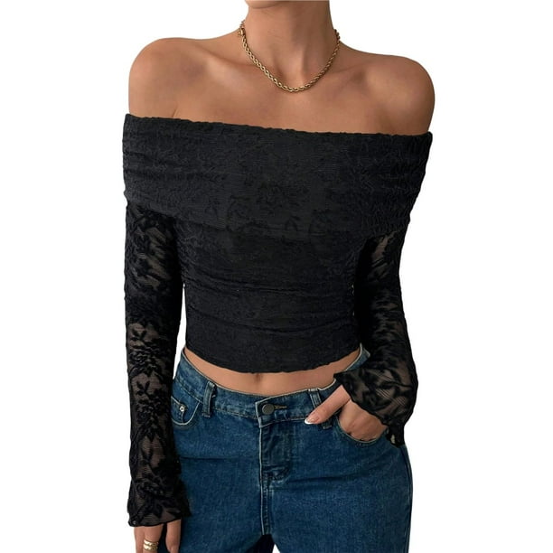Camiseta de Larga con Hombros Descubiertos y Ribete de Encaje para Mujer, Estilo Y2K, con Doble Forro y Tendencia Negro L