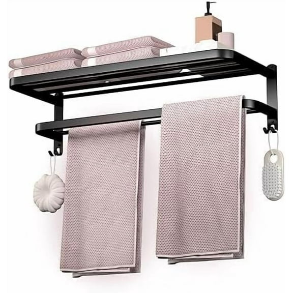 23 Inch Bathroom Towel Rack Towel Shelf with Double Towel Bars Lavatory Wall Mount Holder with Hooks Stainless Steel Hotel Bath Rack (Matte Black)